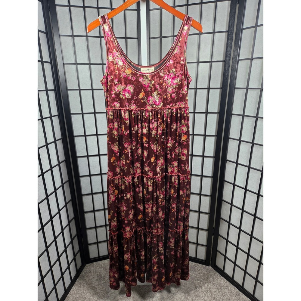 Natural Life Whimsigoth Fairycore Floral Boho Velvet Tiered Dress Small Women